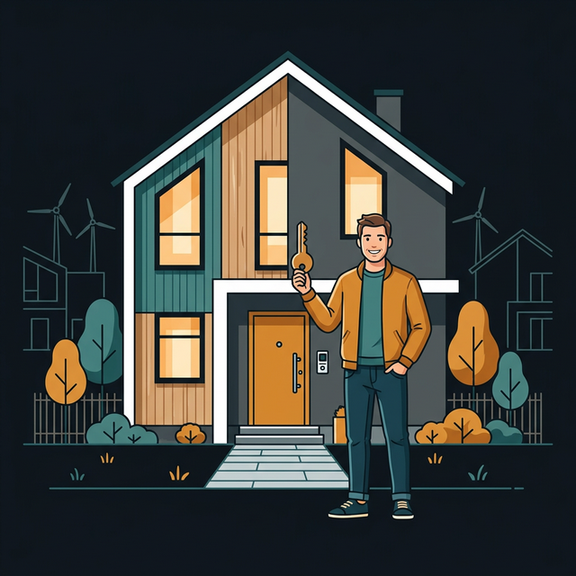 Illustration eines Eigenheimbesitzers vor seinem Haus