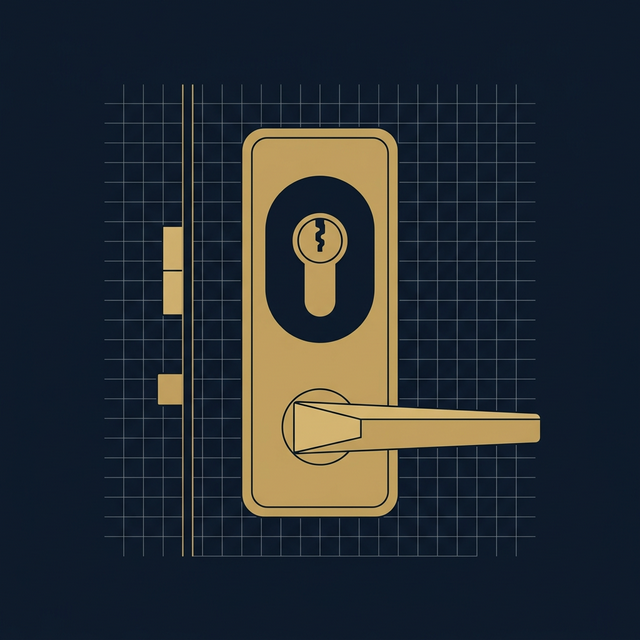 Technische Illustration eines Türschlosses mit Profilzylinder und Schutzbeschlag