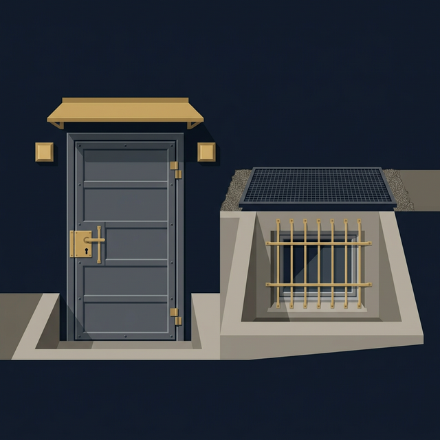 Illustration einer Kellertür und eines vergitterten Kellerfensters