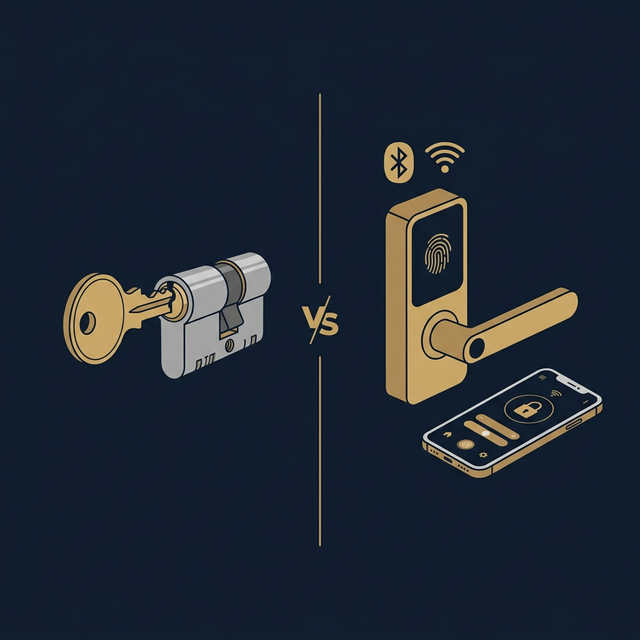 Vergleich: mechanischer Schließzylinder mit Schlüssel links, Smart Lock mit Fingerabdruck und Smartphone rechts